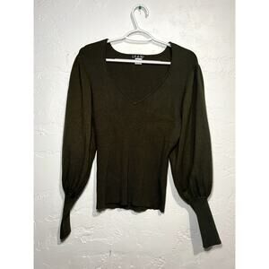 Venus army green balloon sleeve v neck ribbed sweater womens large boho chic‎